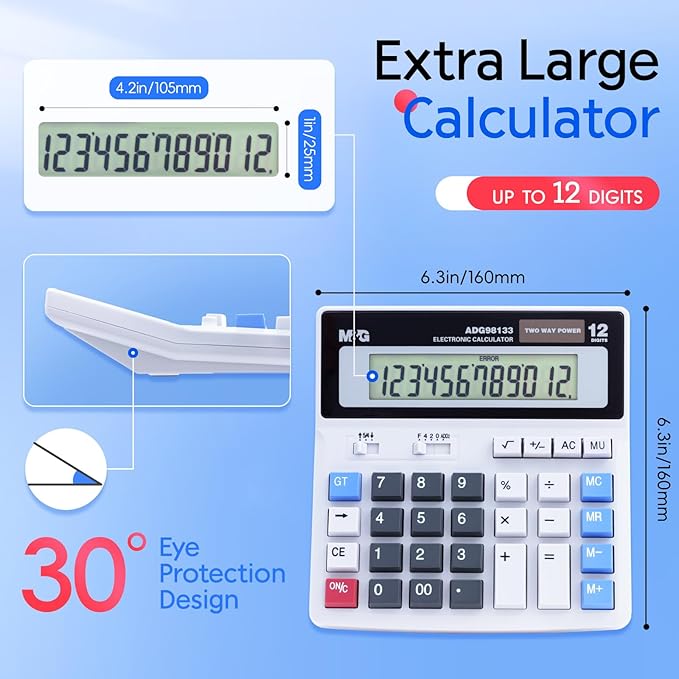 M&G Desk Calculator 12 Digit Extra Large LCD Display, Dual Solar Power and Battery, Accounting Calculator with Big Button, Battery Include, Perfect for Office Business Home Daily Use