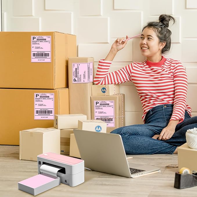 Phomemo 4X6'' Thermal Shipping Labels - Pack of 100 4x6 Fan-Fold Labels for Shipping Labels, Address, Mail, Product Logo Labels, Commercial Grade, Pink