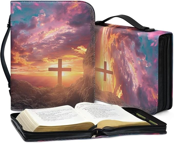 Lotusorchid Bible Book Cover for Women, Cross Print Bible Cover Case Sturdy Zippered Bible Carrying Case with Handle Pocket Portable Bible Bag for Bible Study, Pink, XL