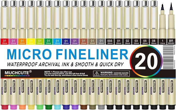 Muchcute Micro Fineliner Drawing Art Pens: 20 Set (12 Colors & 8 Black) Extra Fine Line Waterproof Ink Artist Supplies Archival Inking Ultra Thin Markers Sketch Sketching Watercolor Zentangle Stuff