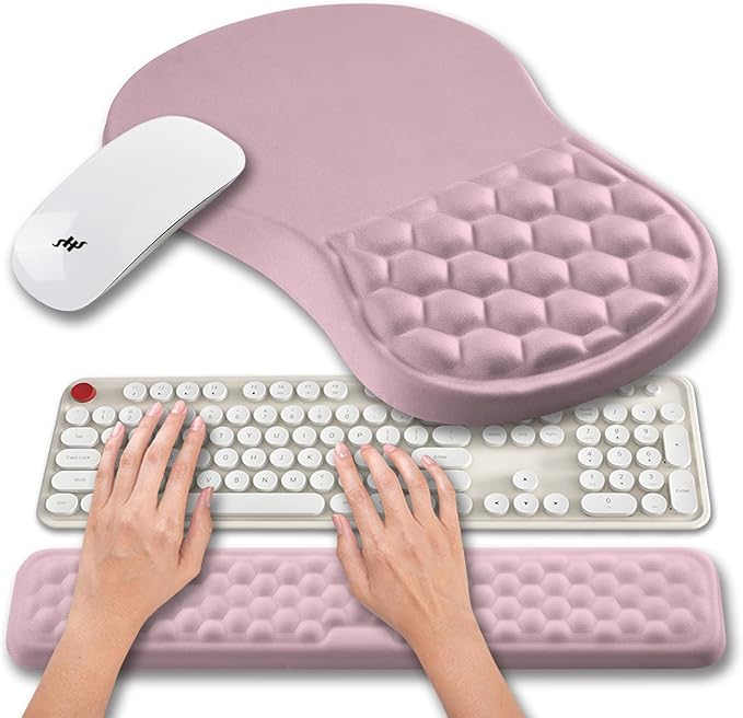 Hokafenle 2 in 1 Ergonomic Mouse Pad Wrist Support & Wrist Rest for Computer Keyboard Set, with Relieve Carpal Tunnel Pain Massage Bulge and Full Memory Gel Design (2In1 Set, Pink)