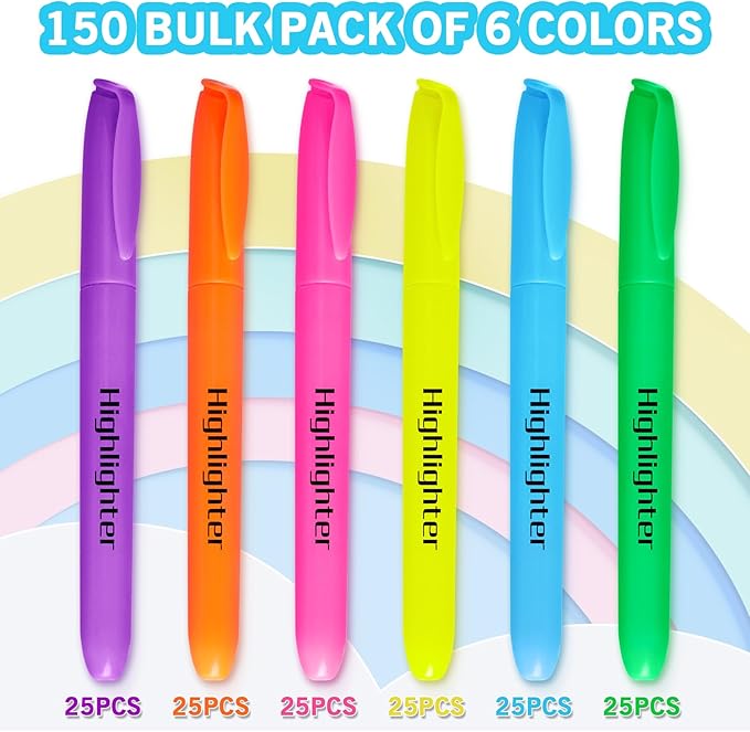 Highlighters, Chisel Tip Dry-Quickly Highlighter Markers, 150 Count-6 Assorted Colors Highlighters Bulk Pack for Adult Kids, Office Classroom Must Have, School Supplies for Teachers