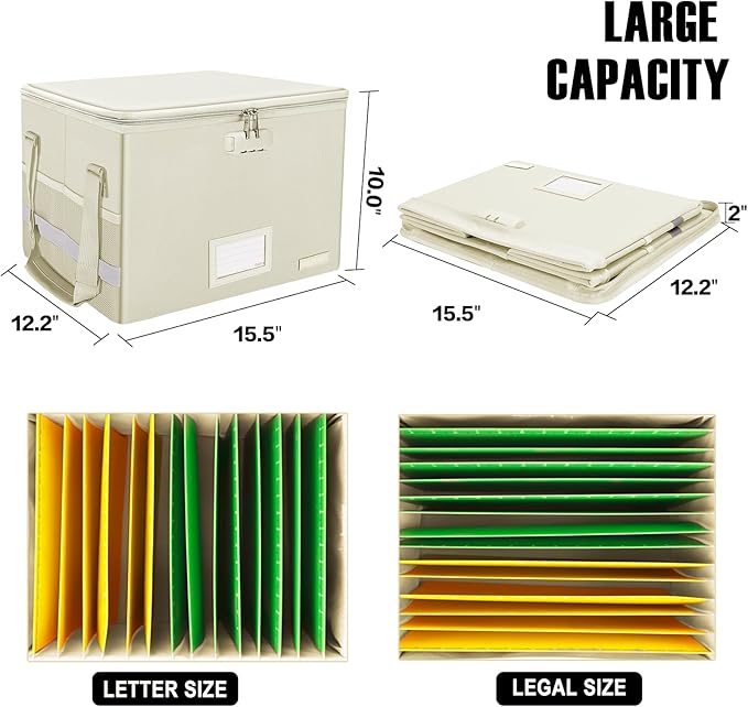 ENGPOW File Box with Lock, Fireproof Document Box with Zipper Lid,Collapsible File Storage Organizer Box Filing Box with Handle,Portable Home Office Safe Box for Hanging Letter/Legal Folder,Beige