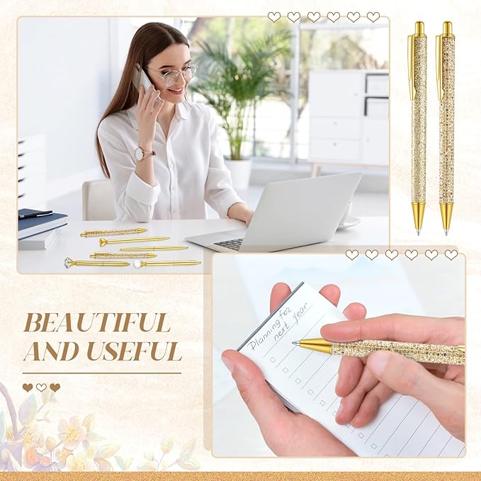 6 Pcs Ballpoint Pens Set Metal Crystal Diamond Pen for Journaling Glitter Pretty Cute Stationery Black Ink Fancy Gifts for Women Girls Teacher Office Wedding School Supplies(Gold)