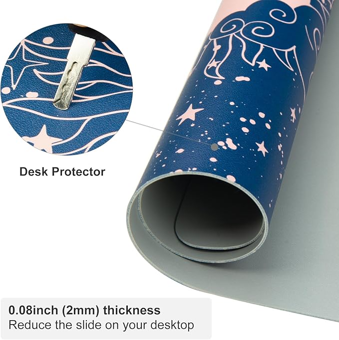 Colorful Star Starry Sky Large Desk Pad, Celestial Moon and Sun Extended Gaming Mouse Pad Non-Slip Desk Mat, Leather Blue Keyboard Mat for Desktop Gaming Accessories 31.5"x15.7"