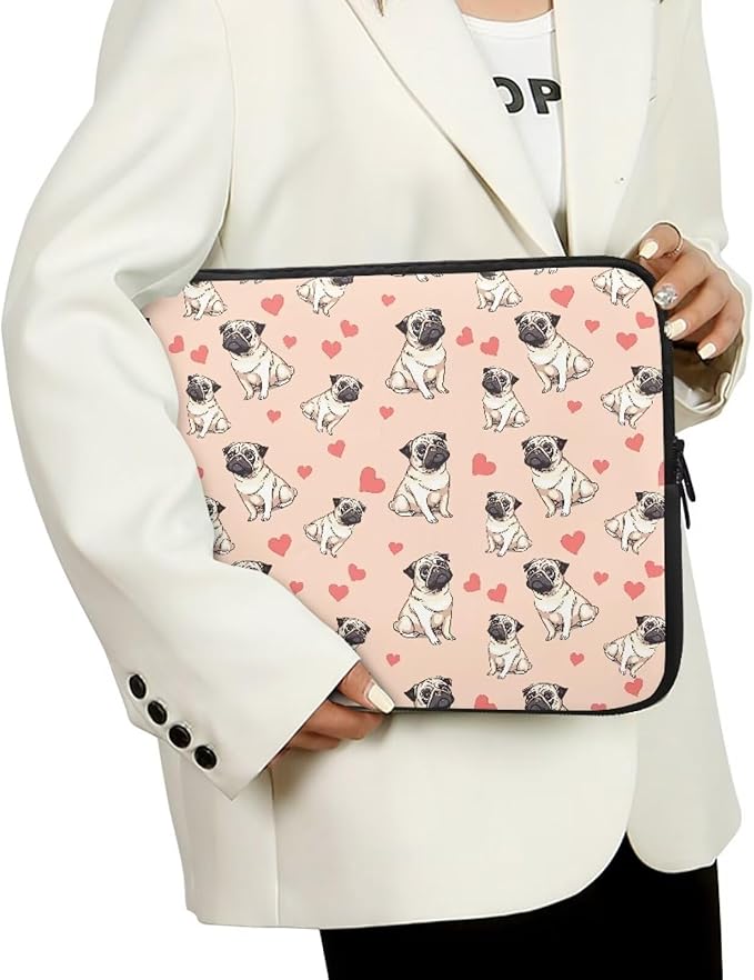 Pug Dog Printed Computer Bags for Laptops for Women, Heart Pattern Computer Carrying Cover Laptop Briefcase, 10 Inch Water Resistant Laptop Case Portable Computer Case Bag