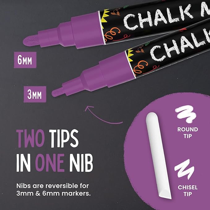 5 Purple Chalkboard Chalk Pens - Purple Dry Erase Markers for Blackboard, Chalkboard Signs, Windows, Glass | Variety Pack - Fine & Jumbo Size Ink Pen (1mm, 3mm, 6mm, 10mm, 15mm)