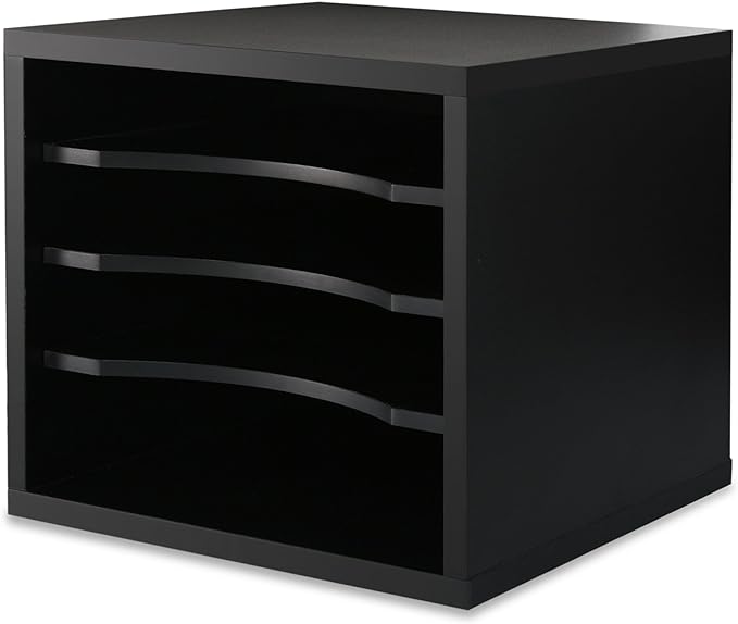 FITUEYES Wood Desk Paper Organizer with 4 Tiers Storage, Desktop File Holder, Document Letter Sorter Tray with Adjustable Shelves, Home Office Wooden Mail Rack, Black