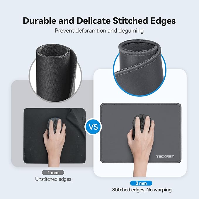 TECKNET Mouse Pad with Anti-fray Stitchin, Waterproof Surface & Non-Slip Rubber Base with Stitched Edges Gaming Mouse Mat for Laptop，Compatible with Laser and Optical Mice - Dark Gray