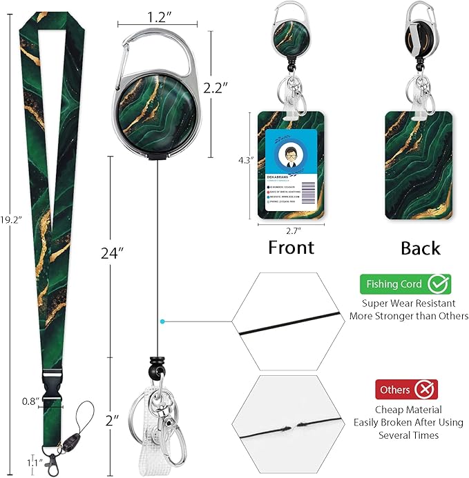 ID Badge Holder with Breakaway Lanyard, Retractable Badge Reel Heavy Duty, Cute Funny Green Marble Lanyards for ID Badges Ajustable, Teacher Nurse Work Office Gifts