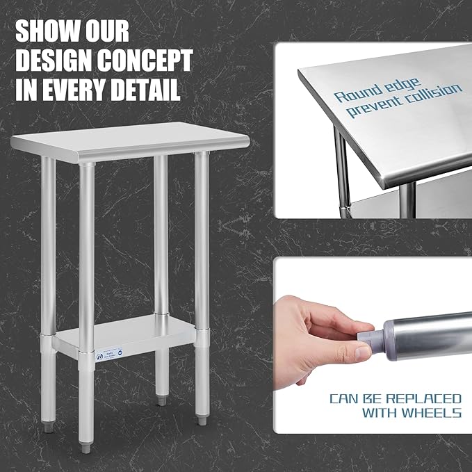 Hally Stainless Steel Table for Prep & Work 14 x 24 Inches, NSF Commercial Heavy Duty Table with Undershelf and Galvanized Legs for Restaurant, Home and Hotel