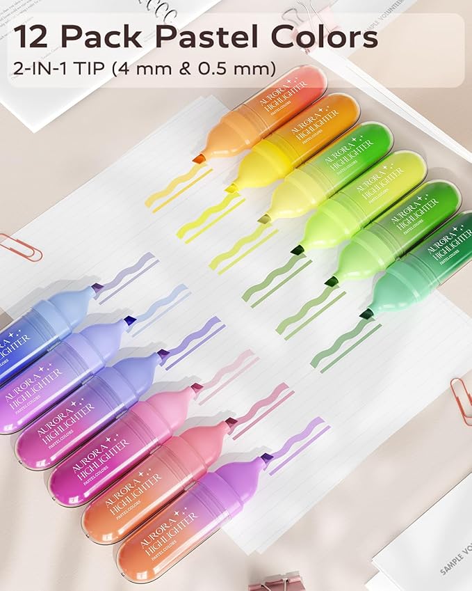 Four Candies 12 Pcs Highlighters Assorted Colors, Cute Pastel Highlighter Set, Dry Quickly, Soft Chisel Tip, Assorted Colors Bible Highlighter for No Bleed, Aesthetic Highlighters for School, Office
