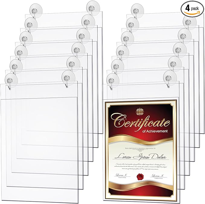 Suzile 4 Pcs Acrylic Window Sign Holder Hanging Acrylic Sign Holder 8.5 x 11 Inch Office Door Signs with Suction Cup Hooks Suction Cup Hangers for Office School Home Store Restaurant