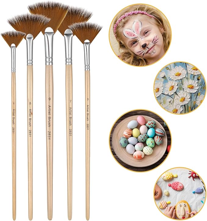 Prasacco 5 Pieces Fan Brush for Painting, Oil Acrylic Paint Brushes Artist Fan Brushes Nylon Hair Long Wood Handle Painting Brush for Acrylic Watercolor Oil Gouche Painting(1#, 3#, 5#, 7#, 9#)