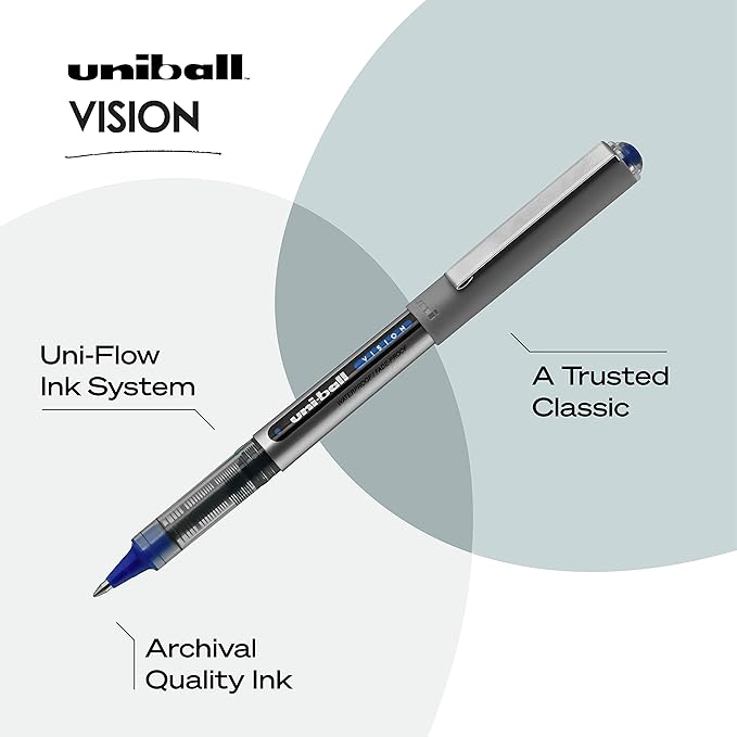 Uni-ball® Vision™ Rollerball Pens, Fine Point, 0.7 mm, Gray Barrel, Blue Ink, Pack Of 12
