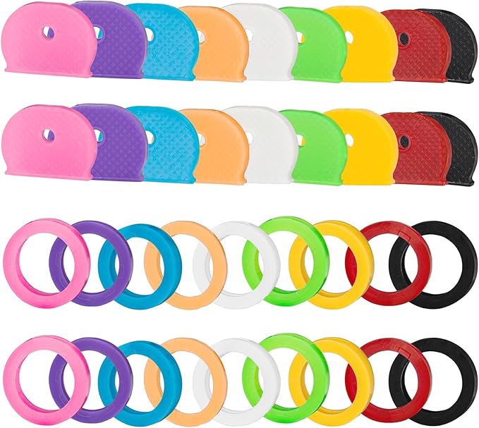 36 Pack Key Color Caps Covers Tags, Soft Rubber Key Identifiers, Plastic Key Toppers for Standard Flat Organization House Key (Not Suitable for Odd-Shaped Keys), 9 Colors, 2 Styles