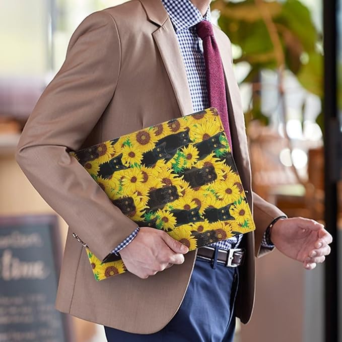 Black Cat Sunflower Portfolio Folder Leather Padfolio with A4 Size Clipboard Clip for Business Resume Interview Document Sleeve Binder Folder for Men/Women