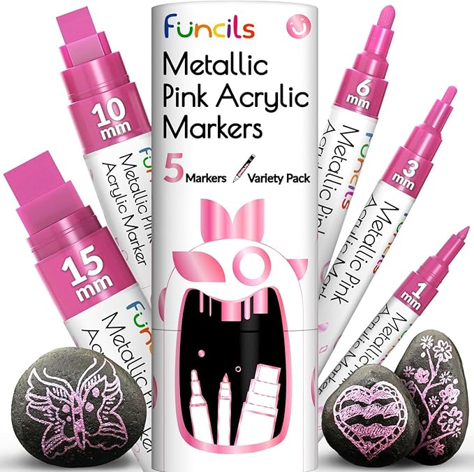 5 Acrylic Metallic Pink Paint Pen - Extra Fine Tip, Thin & Jumbo (1mm, 3mm, 6mm, 10mm, 15mm) - Paint Markers for Metal, Rocks, Plastic, Canvas, Wood, Fabric, Tire, Glass. Pink Permanent Marker