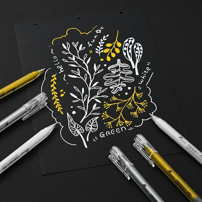 0.8mm Extra Fine Point 6 Pack Gel Pen Set White,Gold and Silver Gel Ink Pens for Artists,White Gel Pen,White Ink Pen,White Pens for Black Paper,White Pen for Artists Drawing