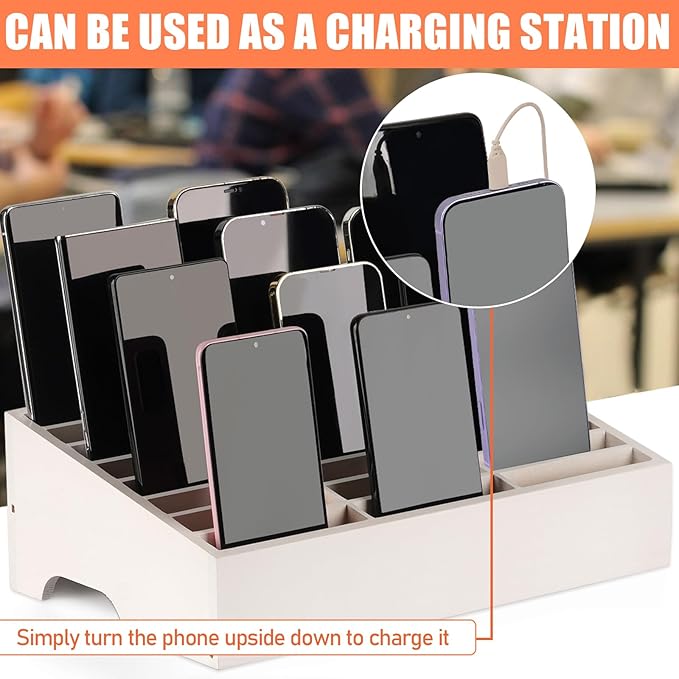 Wooden 24-Grid Cell Phones Storage Box Desktop Mobile Phone Holder Organizer for Office School Classroom (24-Grid White)