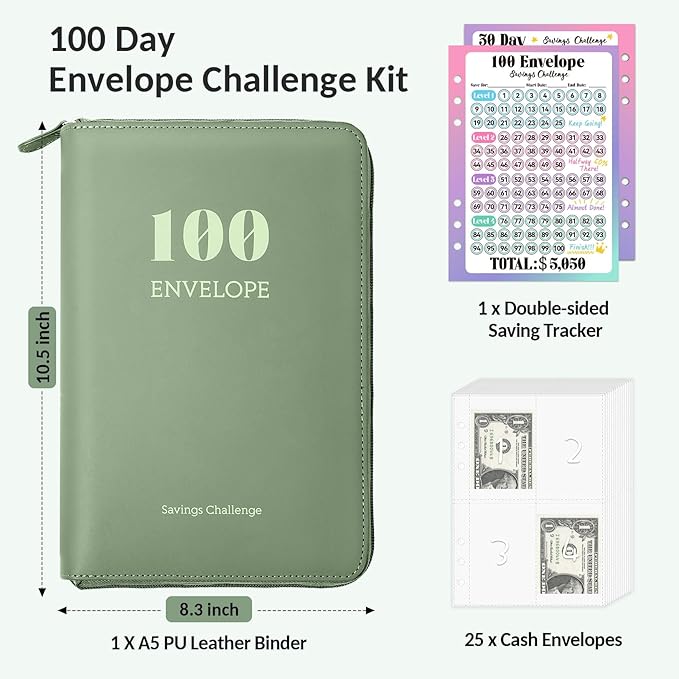 Sooez Savings Challenges Book with Extra Pocket Storage, Zipper Closure 100 Envelopes Money Saving Challenge, PU Saving Binder with Cash Envelope & Laminated Tracker for Cash Bill, 8.3”x 10.5” Black