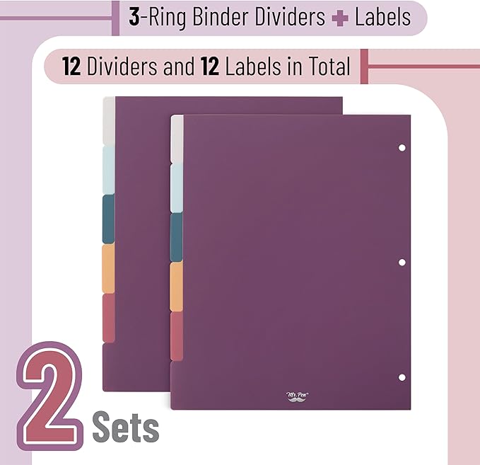 Mr. Pen- Binder Dividers, 6 Tab Dividers, Pack of 2 Sets (12 Dividers Total), Dividers, Plastic Dividers for 3 Ring Binder, Binder Dividers with Tabs, Binder Tabs, 3 Ring Binder Dividers