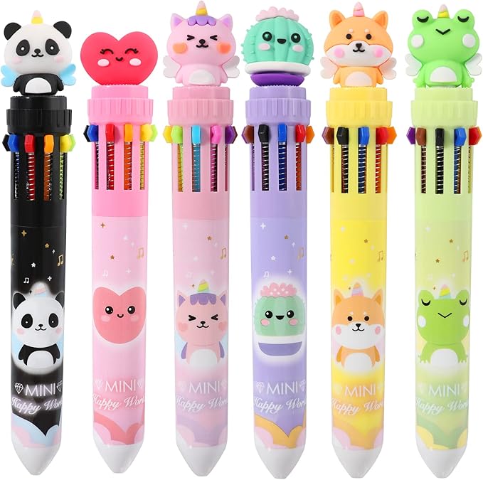 Multicolor Ballpoint Pen 0.7 mm, 10-in-1 Colored Pens Fine Point Retractable Cute Cartoon Animal Ballpoint Pens for Office School Students Kids Christmas Gift, 6 Pack