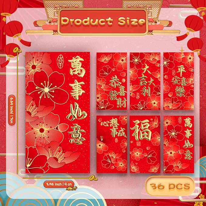 Chinese New Year Red Envelopes, Lunar New Year Envelopes, 36 Pcs Year of the Dragon Red Envelopes 2025, Lucky Money Envelopes, Red Pocket, 红包, Chinese Money Envelopes for Cash Wedding Birthday Gift