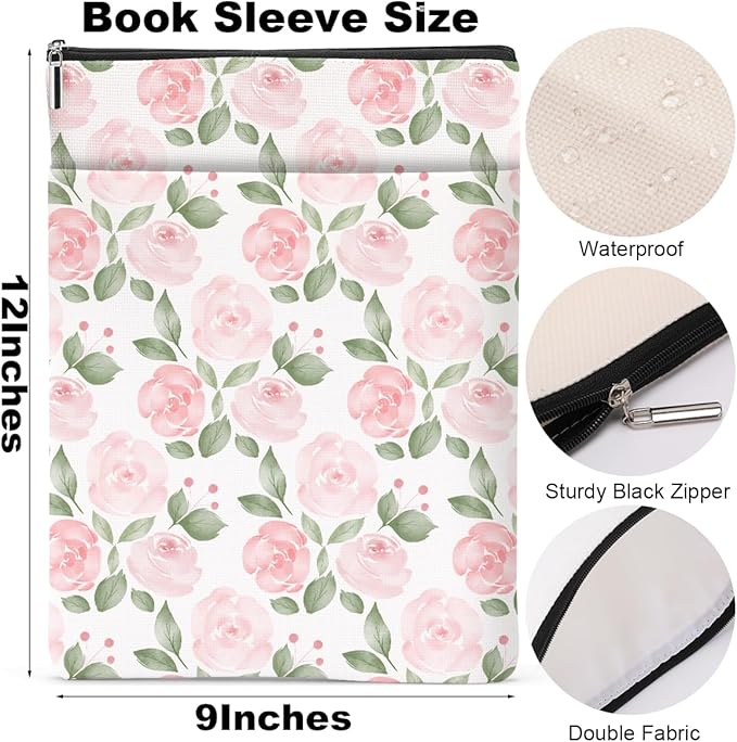 Watercolor Floral Pattern Book Lovers Gifts Waterproof Book Sleeve Book Pouch Book Protector with Zipper and Front Pocket BookCover Case for Women Girl Mom Wife Book Accessories Book Club Gifts