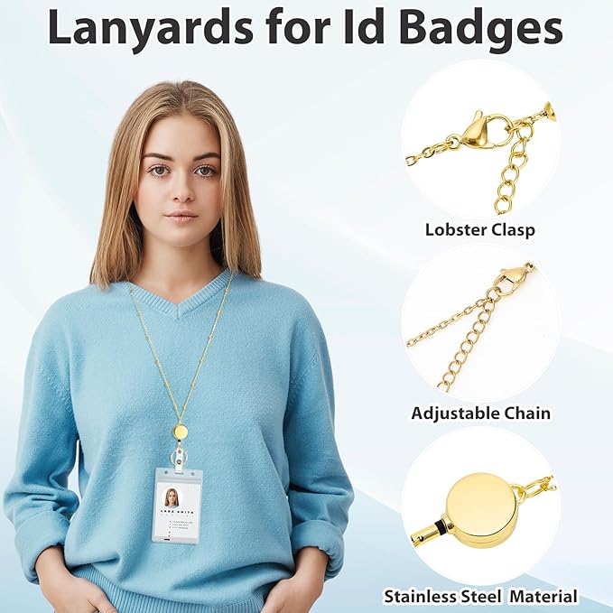 Lanyards for Id Badges Stainless Steel Badge Lanyards with 2 Pcs Waterproof Id Badge Holder Retractable Id Badge Lanyards Teacher Lanyard for Cruise Ship Key Cards Id Badges (Gold)