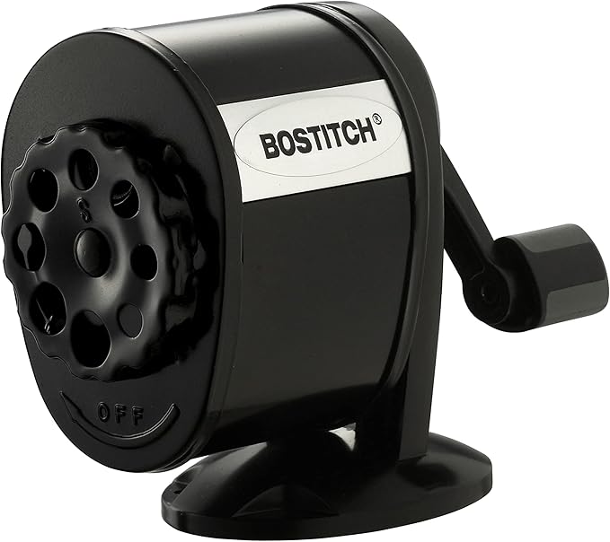 Bostitch Office Wall Mount Manual Pencil Sharpener, Tip Saver, 8 Hole Dial, 6X Longer Cutter Life, Vertical or Horizontal Mounting Black (MPS1-BLK)