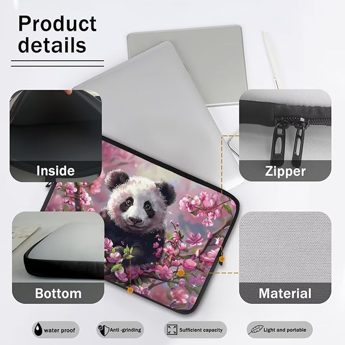 Cherry Blossom Panda Printed Laptop Bag for Women Men, Protective 10 Inch Computer Laptop Carrying Cover Laptop Sleeve Computer Bag with Zipper, Compatible with Most Laptop Computers
