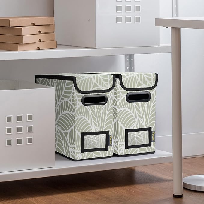 BALEINE File Organizer Box with Lid, Collapsible File Folder Organizer with Plastic Slide, Hanging File Folder Box for Office Document Storage (1 Pack, Antique Foliage, S)