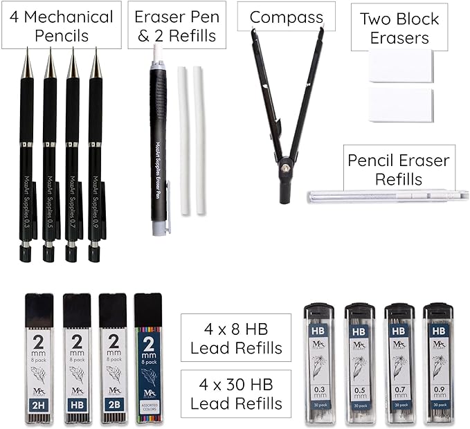 MozArt Illustrator Set with Case-4 Sizes: 0.3,0.5,0.7&0.9mm with 4x8HB & 30HB Lead Refills, Eraser Pen with 2 Jumbo Refills Compass with Block Eraser