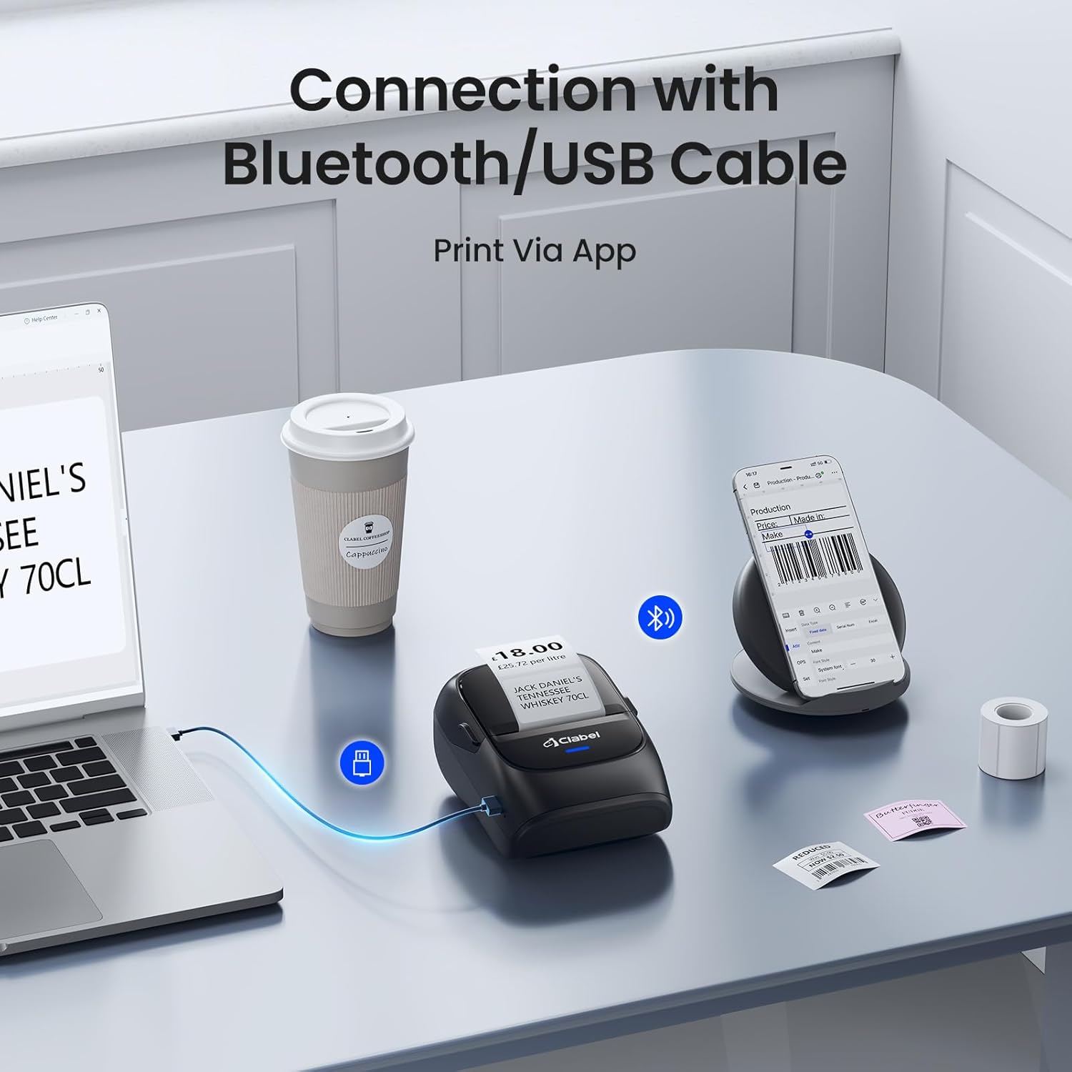 CLABEL Thermal Label Maker Machine: 221B Bluetooth Label Maker Machine with Tape Mini Sticker Printer Barcode Printer Compatible with Smartphone with 3 Roll 40x30mm,50x30mm,50x80mm Label (Black)