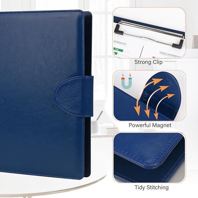 Toplive Padfolio Folder 3 Ring Binder PU Leather Portfolio, Business Interview Resume Portfolio A4/ Letter Size Document Organizer with Clipboard for Women Men, Blue