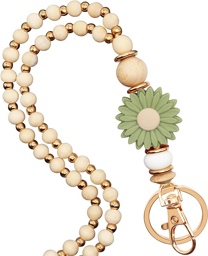 Wooden Teacher Lanyards for Id Badge Cute Flower Wood and Gold Beaded Lanyards for Women for Nurse Badge