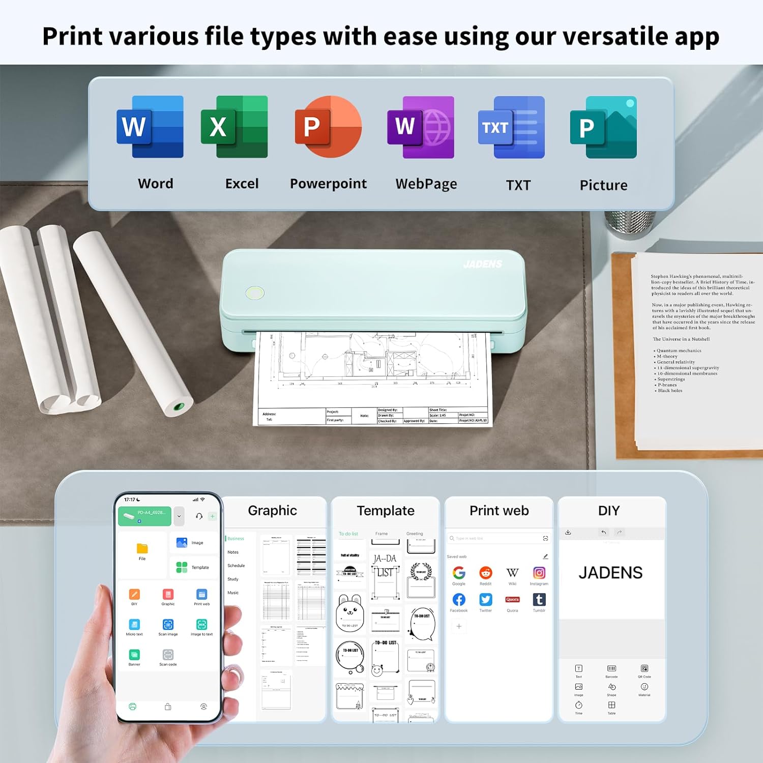 JADENS Portable Printers Wireless for Travel, Thermal Inkless Printer, Support 8.5" X 11" Thermal Paper(Green)