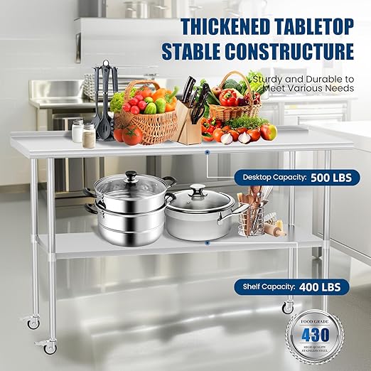 Stainless Steel Table with Wheels 24 x 60 Inches Metal Prep Table with Backsplash & Adjustable Undershelf for Commercial Kitchen, Outdoor, Restaurant, Hotel & Garage