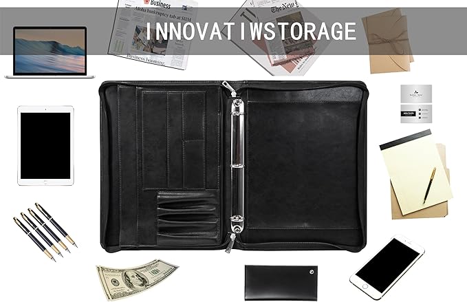 AZXCG Padfolio for Men, 3 Ring Binder Portfolio Folder Vegans Leather, Personalized Padfolio with A4 Notepad Holder, Business Legal Pad Document Organizer, Handmade Zipper Binder Padfolio, Black
