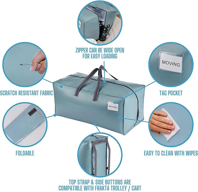 VENO 2 Pack Moving Bags w/Backpack Straps, Moving Boxes & Storage Bins Alternative, Packing Supplies, Camping Accessories Totes, Dorm Room Essentials Storage Bags (Shiny Light Blue, 2 Pack)