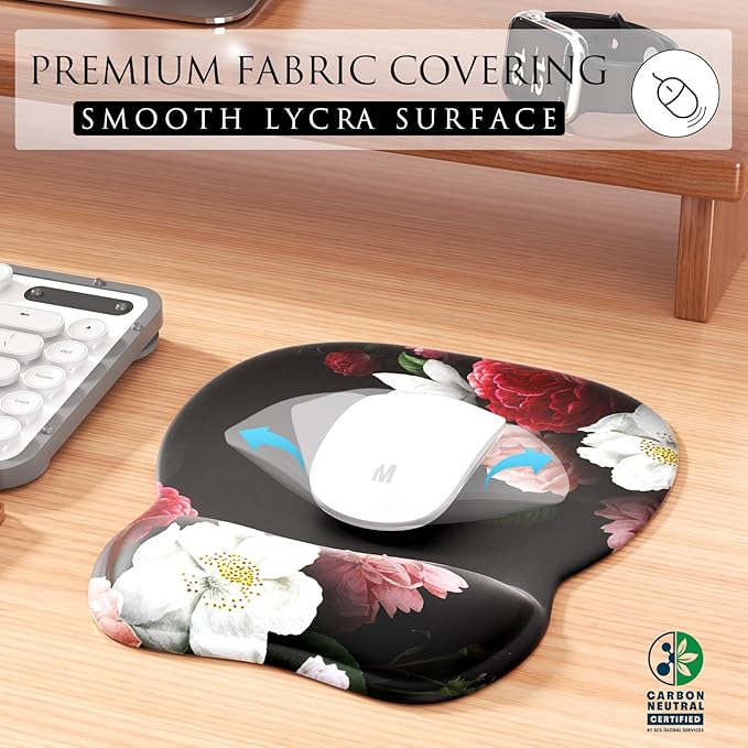 MROCO Ergonomic Mouse Pad with Wrist Support Gel Mouse Pad with Wrist Rest, Comfortable Computer Mouse Pad for Laptop, Pain Relief Mousepad for Office & Home, 9.4 x 8.1 in, Black Flower