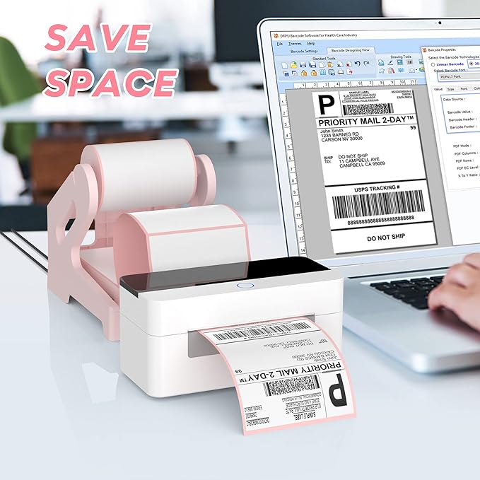 Label Holder Thermal Label Holder for Rolls and Fanfold Labels Shipping Label Stand Desktop Printer DIY Accessory Supplies for Home, Office (Pink)