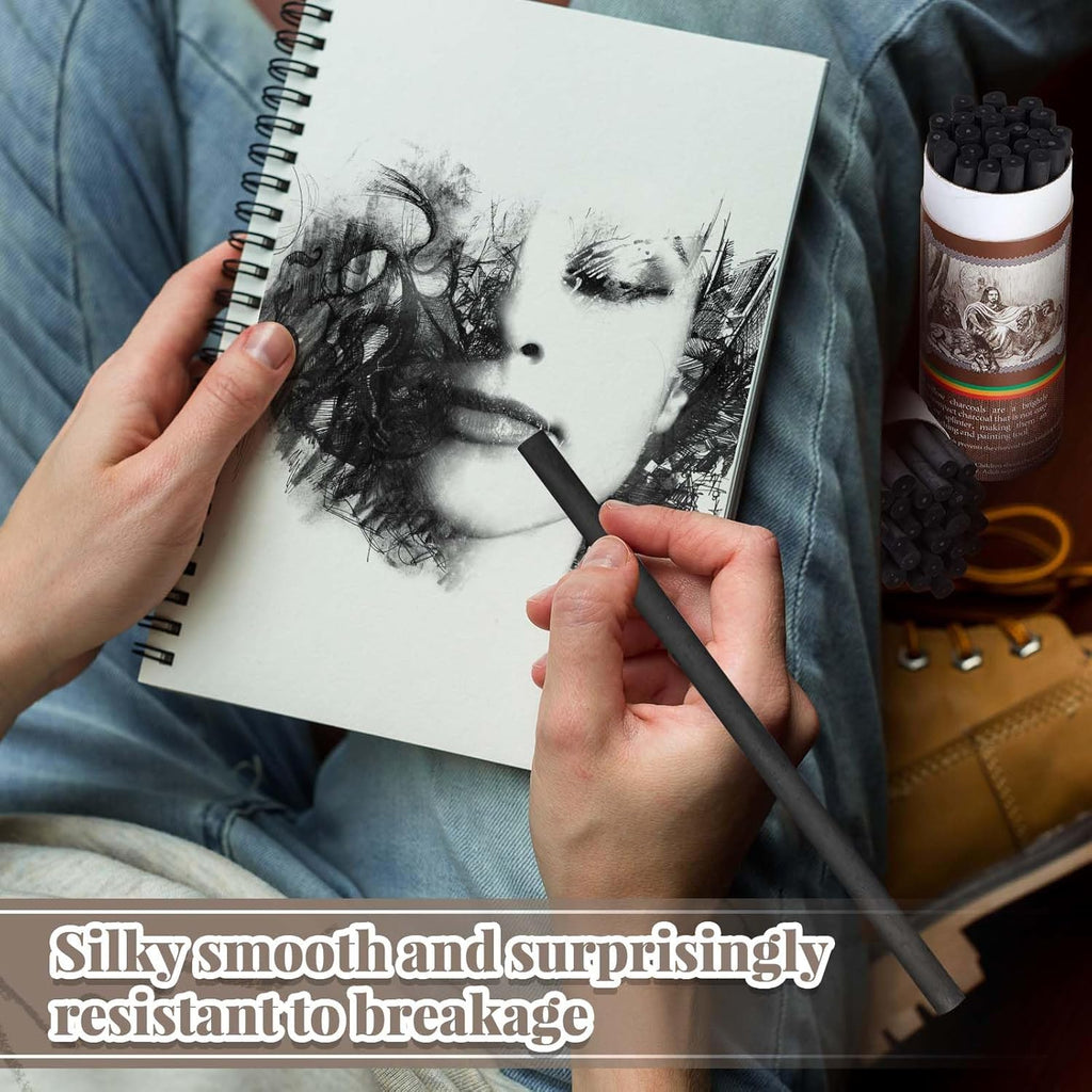 Gueevin 50 Pcs Willow Charcoal Sticks, Willow Charcoal, Artists, Beginners, Students, Perfect for Sketching, Drawing, Shading, and Fine Art (7-9mm)