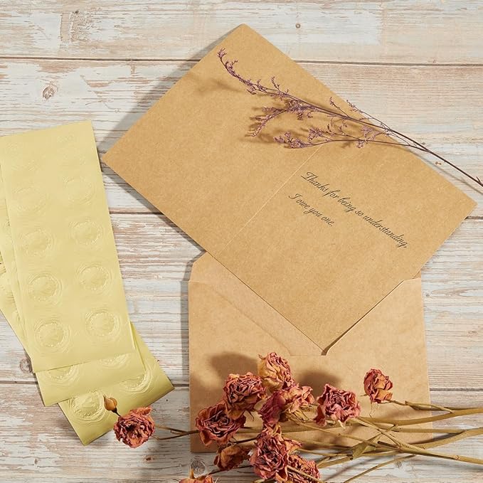 50 Pack Kraft A7 Envelopes with Cards 5x7 Thick Folded Cardstock and Gold Stickers for Greeting Cards, Wedding, Birthday, Invitations, Baby Showers (Kraft Paper, 5x7)