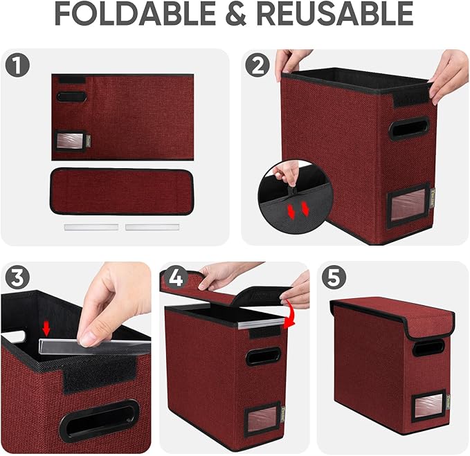 BALEINE File Organizer Box with Lid, Collapsible File Folder Organizer with Plastic Slide, Hanging File Folder Box for Office Document Storage (1 Pack, Red, S)