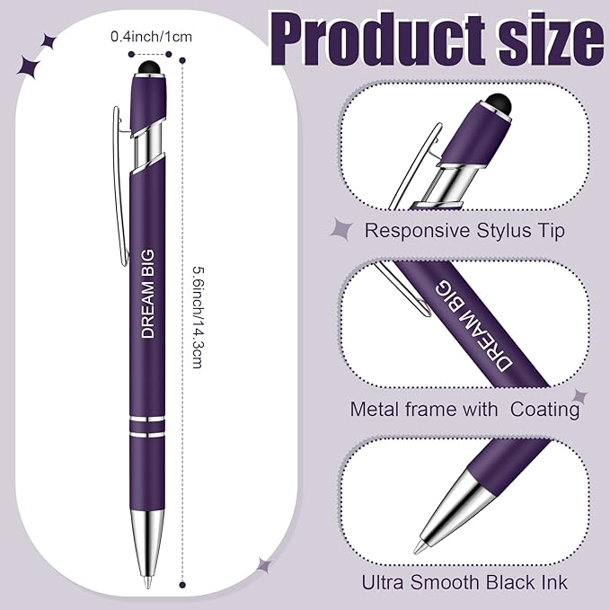 Zonon 12 Pieces Inspirational Pens Bulk Easter Basket Stuffers Motivational Quotes Ballpoint Pens with Stylus Tip Inspirational Gifts for School Office Teachers(Dark Purple,Motivational Style)