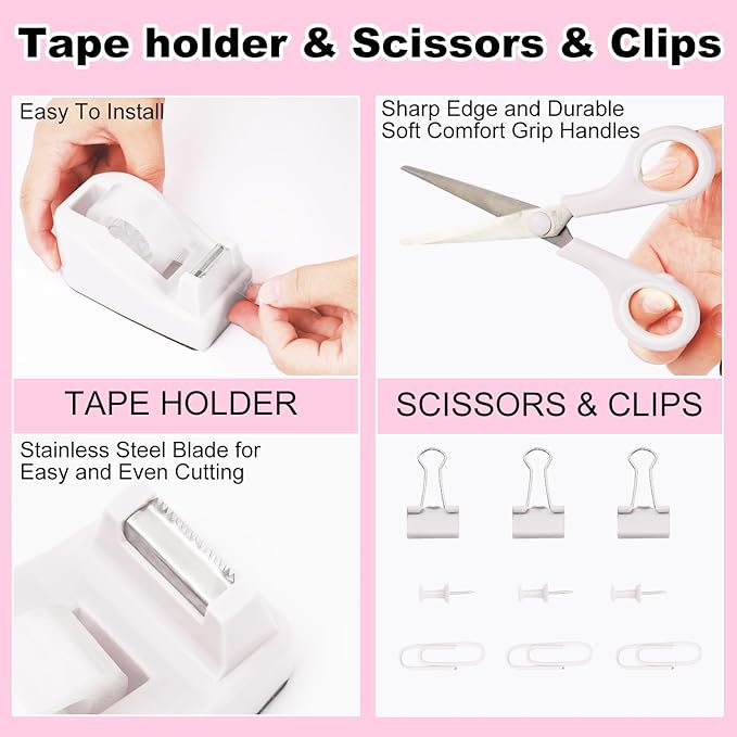 White Desk Organizers and Accessories 10Pcs Set with 360-Degree Rotating Pen Holder, Tape Dispenser, Stapler, Staple Remover, 1000 Staples, Tape, Clips Set, Ruler, Scissor, Pen