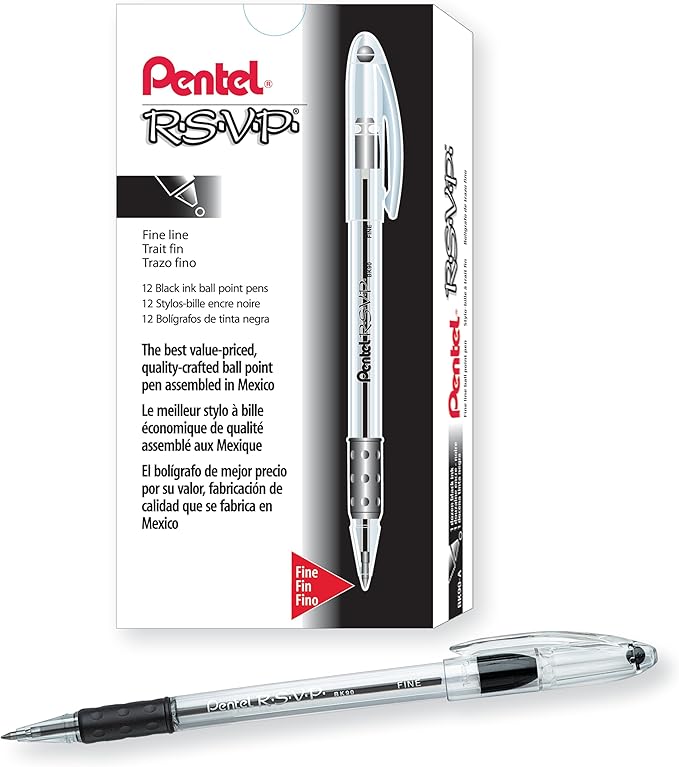 Pentel® R.S.V.P.® Ballpoint Pens, Fine Point, 0.7 mm, Clear Barrel, Black Ink, Pack Of 12