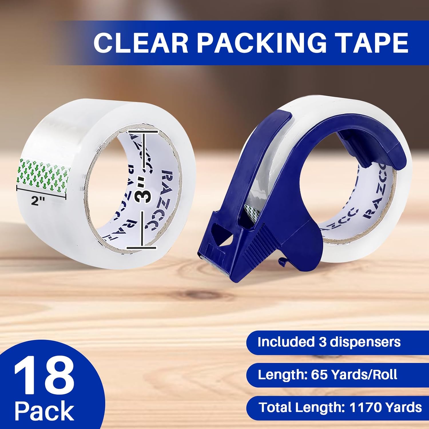 Clear Packing Tape, 18 Rolls Heavy Duty Packaging Tape with Dispensers for Packing Shipping Moving and Sealing, Thicker Packing Tape-2" x 65 Yards Per Roll, 1170 Total Yards